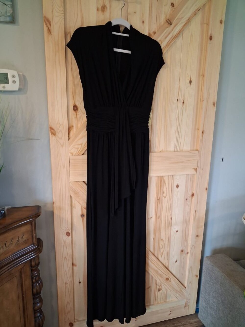 NWT Sangria Black Maxi Pantsui tSize 10 Ruched Waist Draped V-Neck Evening